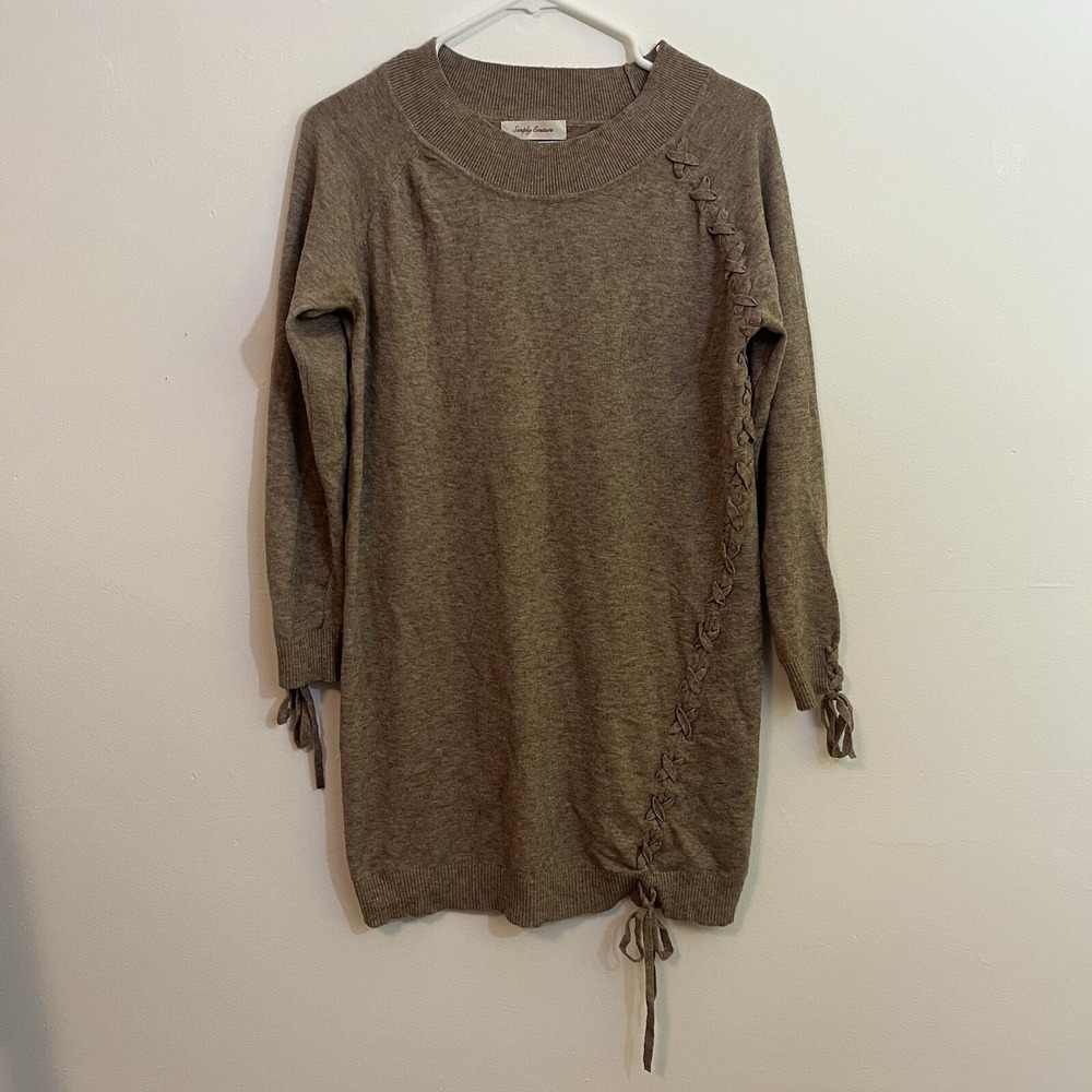 Simply Couture Knit Sweater Dress L Tie Stitch Accent Super Soft Long‎ Sleeve